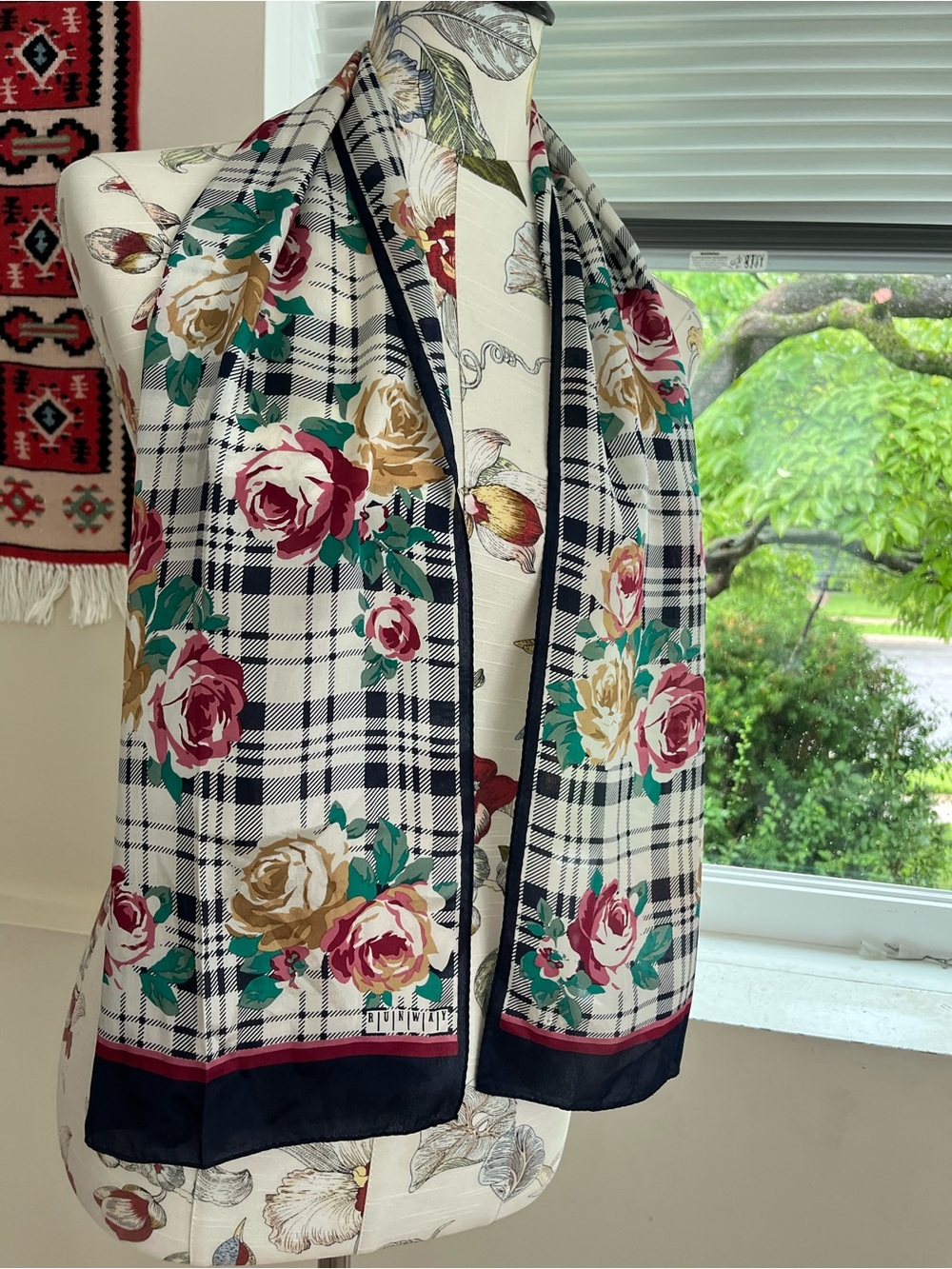 Floral Plaid Women's Scarf in Ivory, Navy & Rose